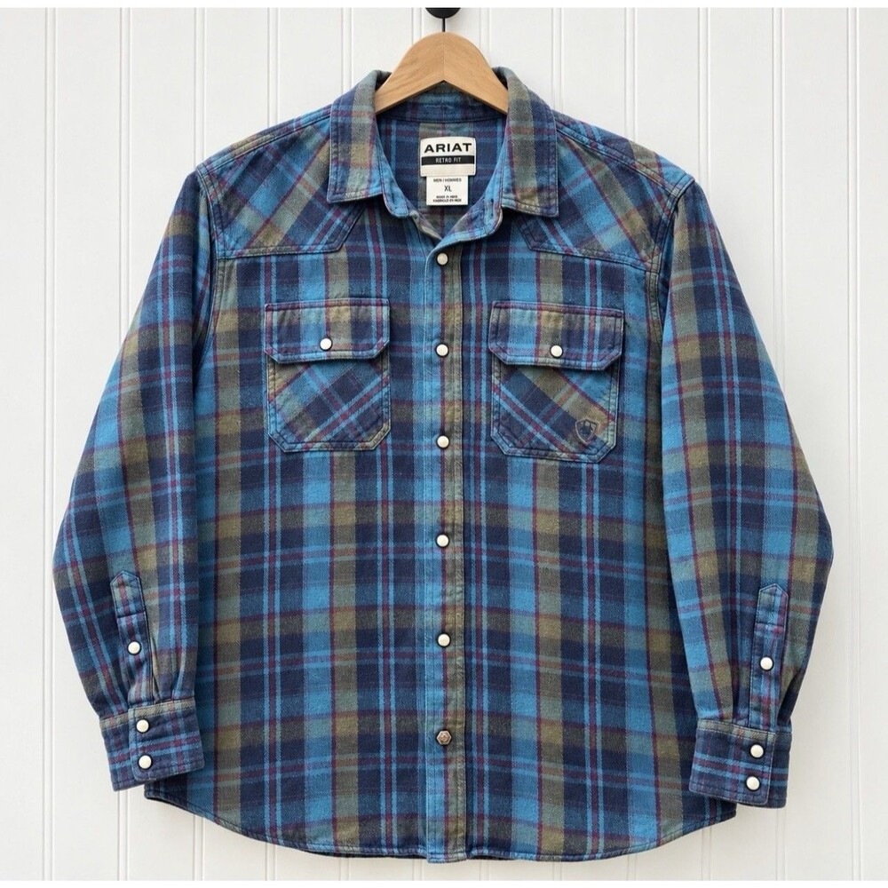 Ariat Retro Fit Men's XL Western Shacket Shirt Jacket Blue Plaid Pearl Snap